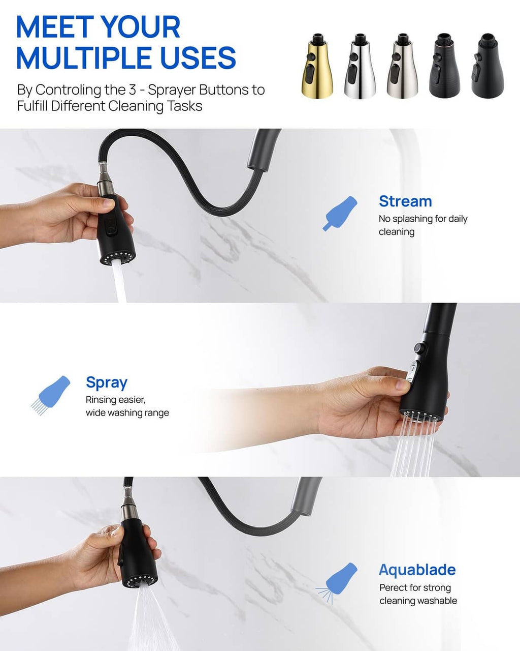 Matte black kitchen faucet sprayer head with three spray buttons and wide spray face.