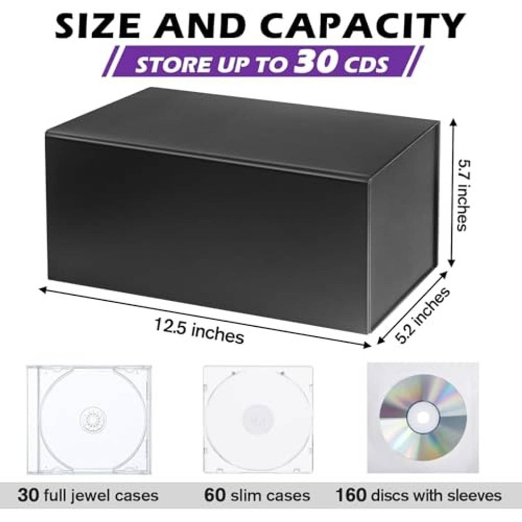 Black CD storage box with flat lid, compact rectangular media holder