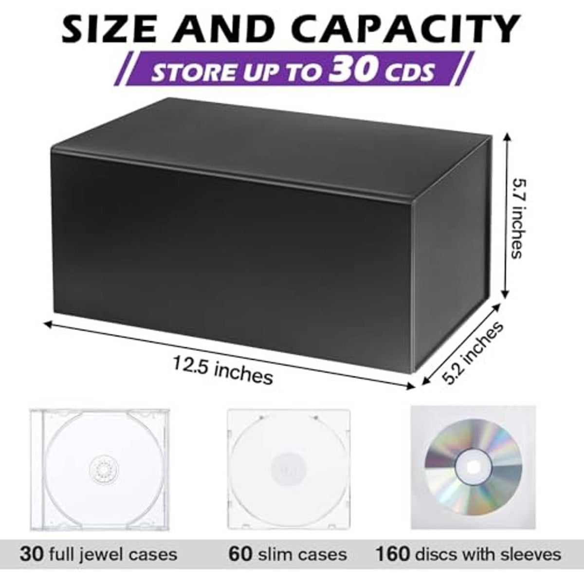 Black CD storage box with flat lid, compact rectangular media holder