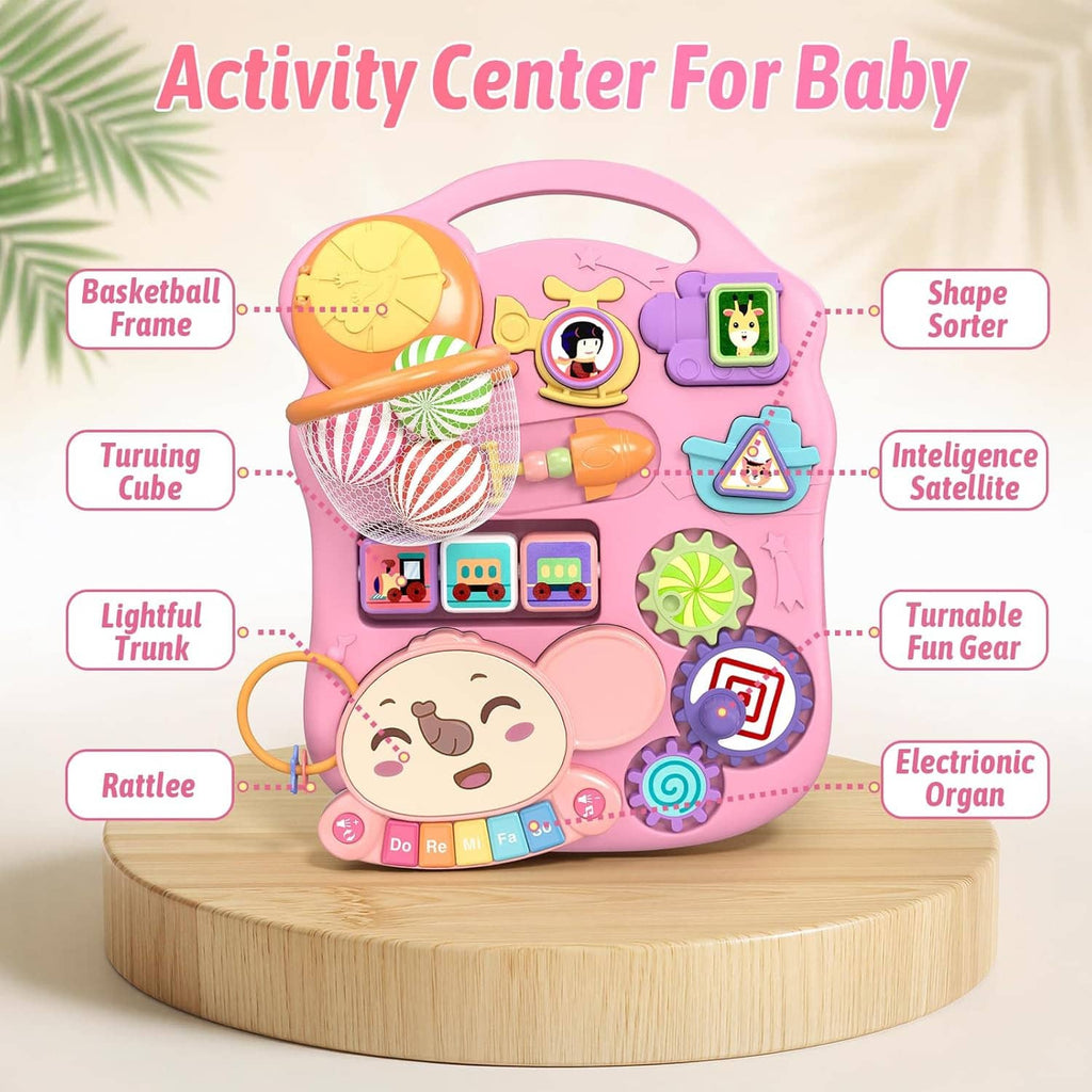 Pink baby activity center walker with interactive shapes, music panel, and fun toy compartments