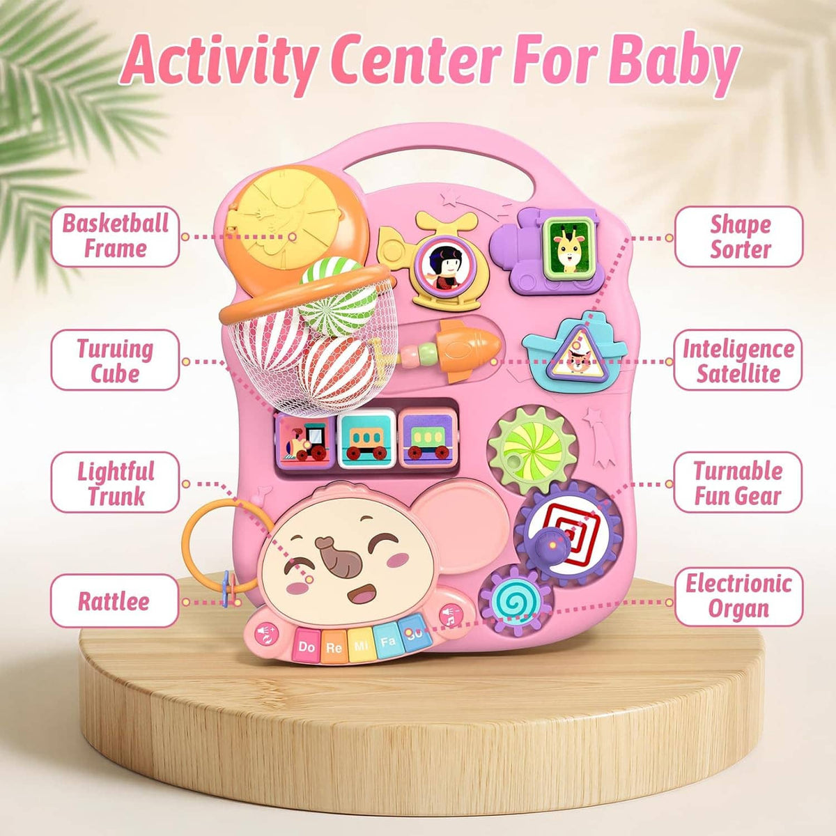 Pink baby activity center walker with interactive shapes, music panel, and fun toy compartments