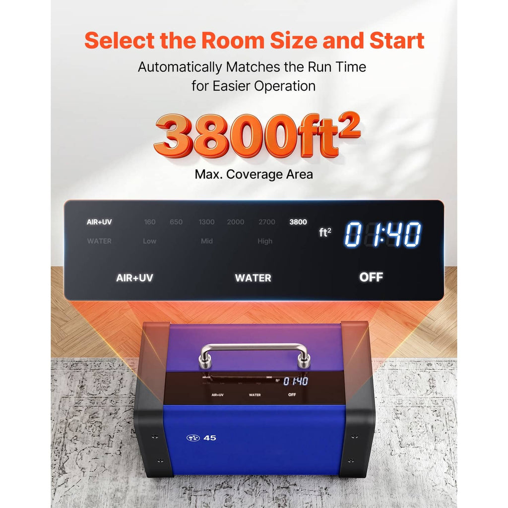 Blue ozone generator with built-in display showing room size coverage selection