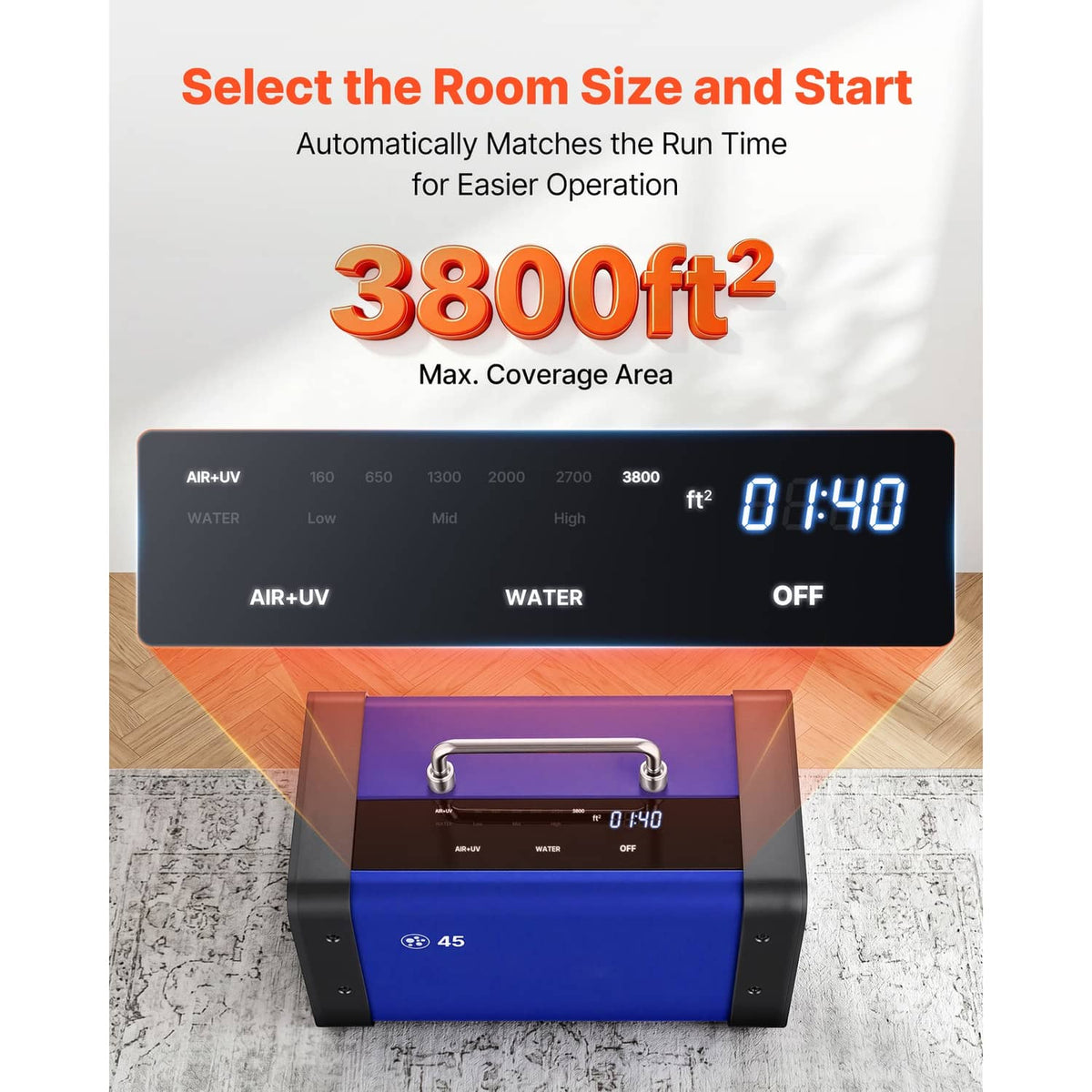 Blue ozone generator with built-in display showing room size coverage selection