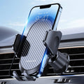 Car phone holder with dark black metal hook clip and swivel cradle on dashboard vent