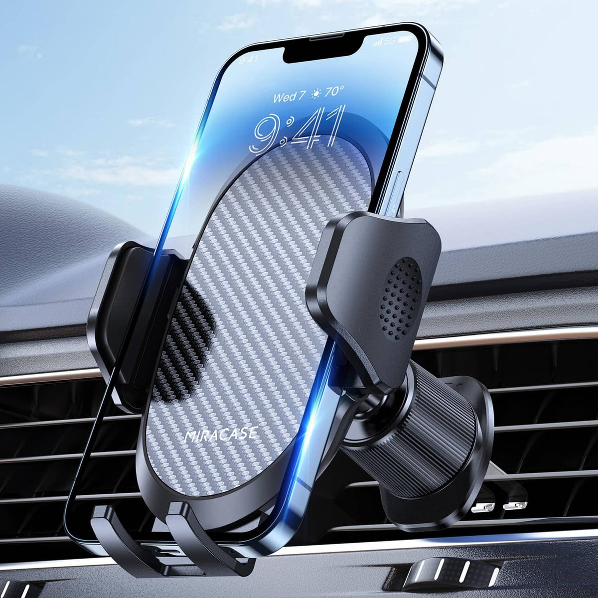 Car phone holder with dark black metal hook clip and swivel cradle on dashboard vent