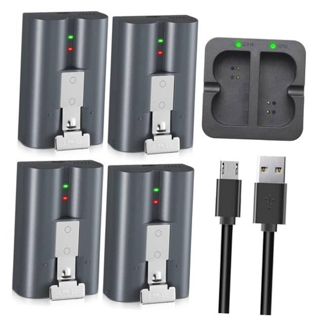 Black dual USB charging dock with four battery slots and charging indicator lights