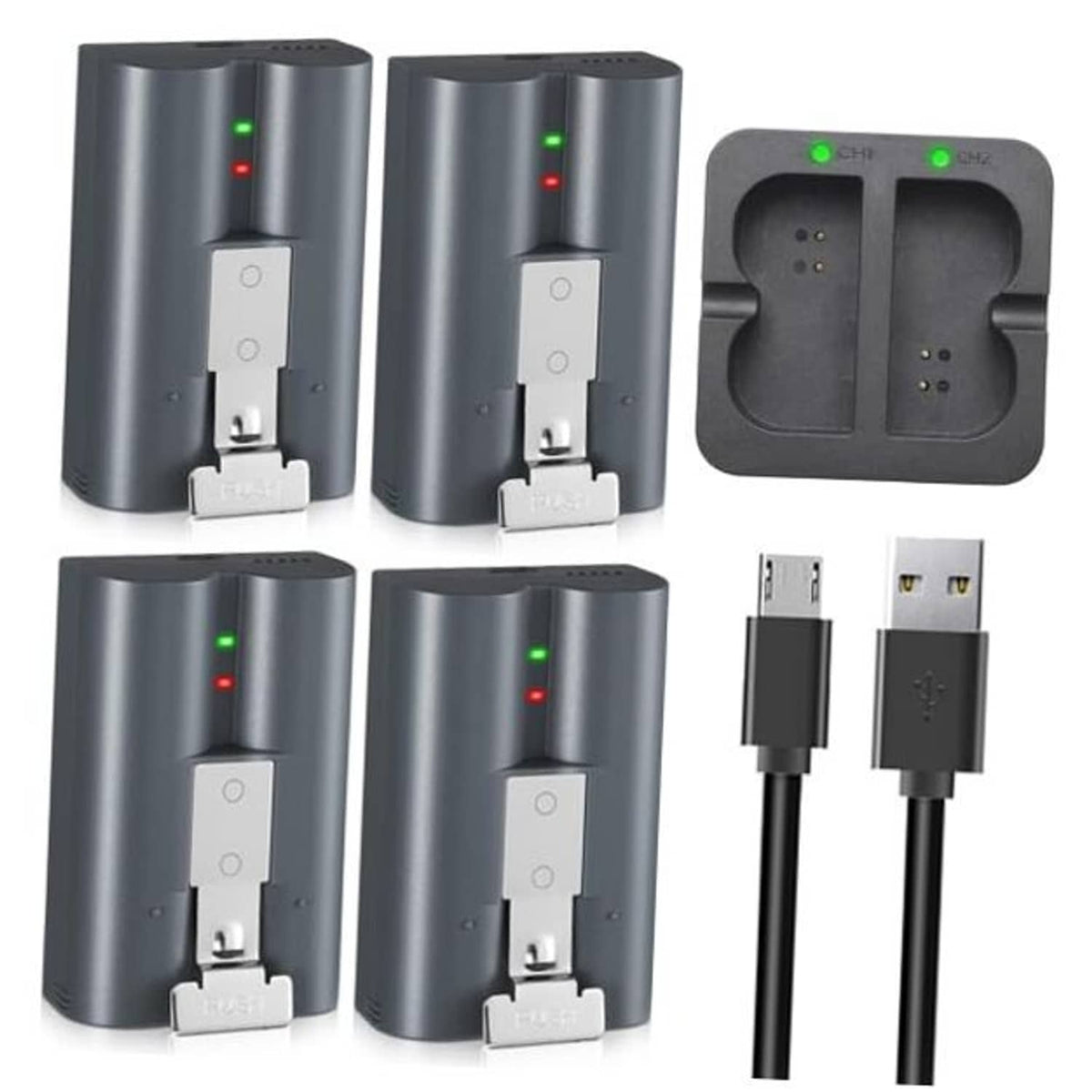 Black dual USB charging dock with four battery slots and charging indicator lights