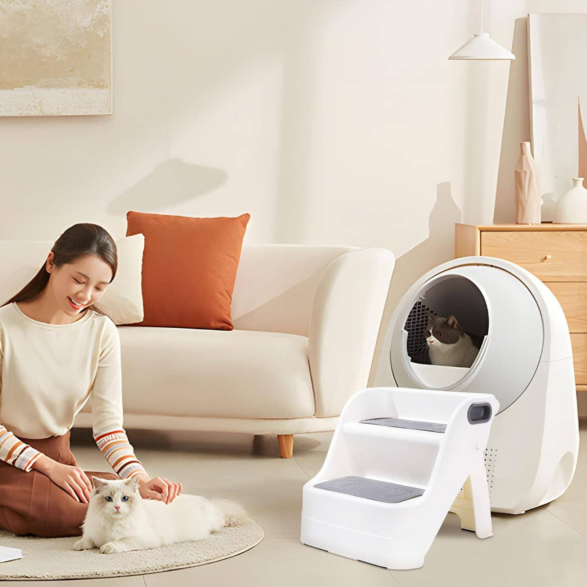 White portable cat litter box ramp with two dark gray non-slip treads