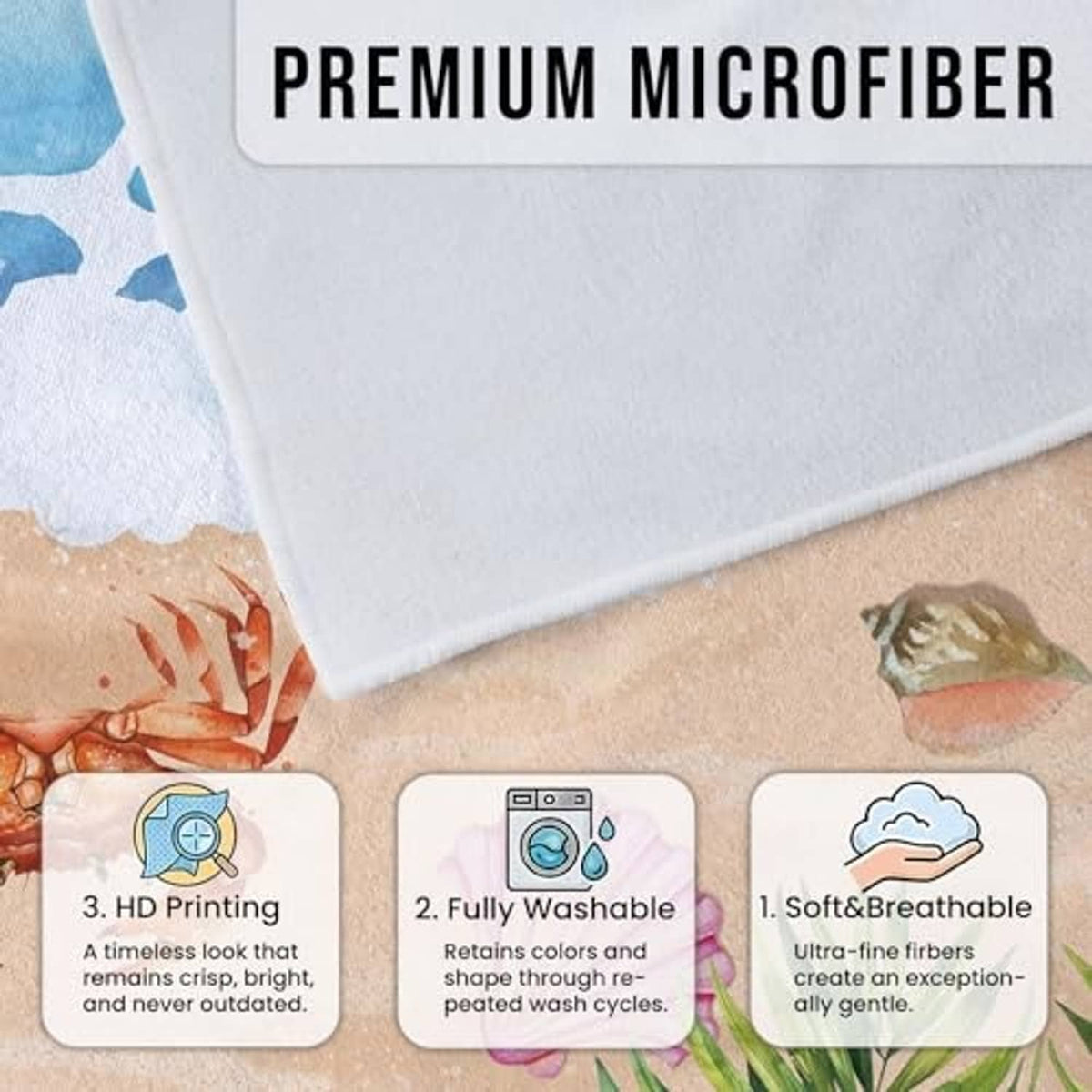 Premium microfiber golf cart seat cover close-up with ocean blue print and crab seashells