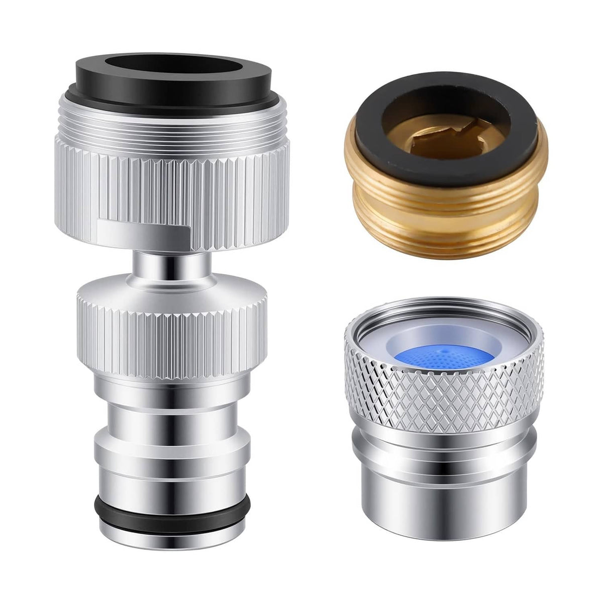 Two chrome faucet adapters with black seal and gold inner connector