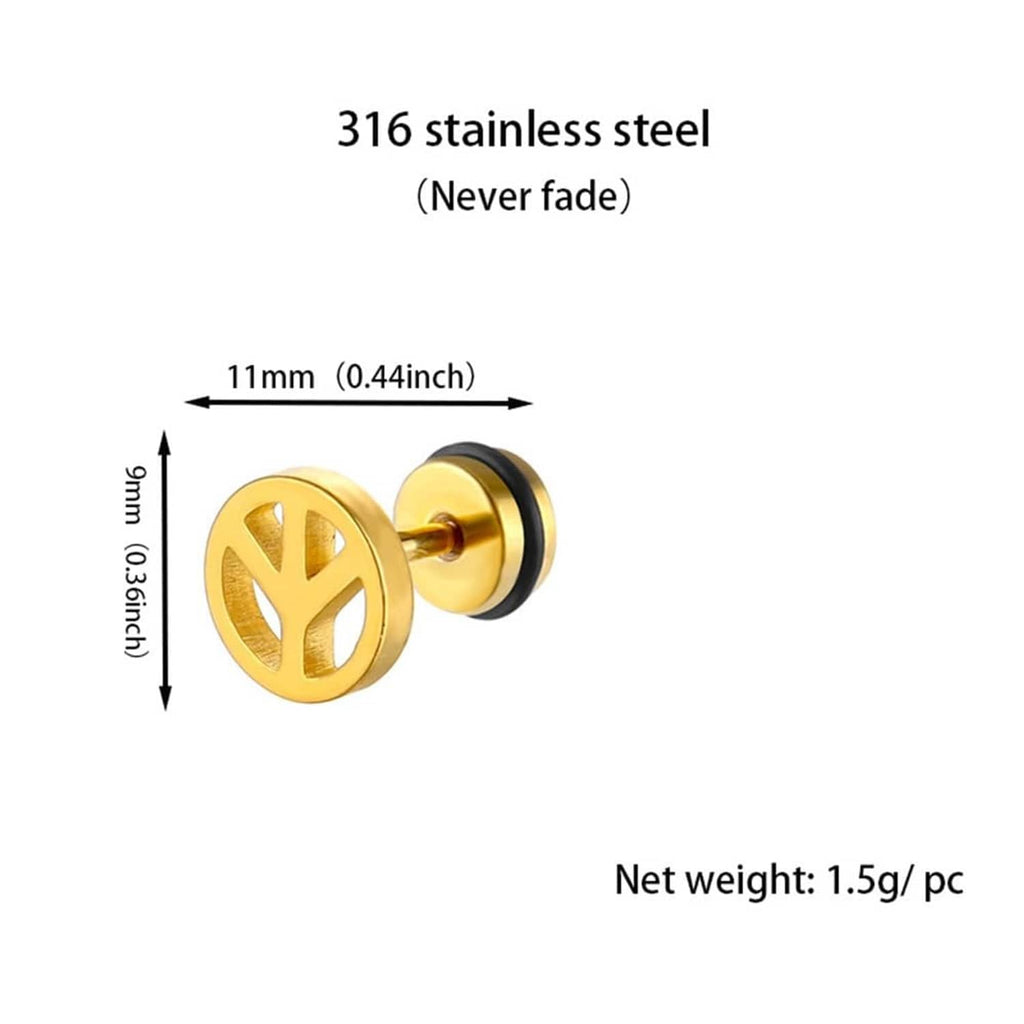 Gold-tone peace sign stud earrings, round disc size shown on product diagram