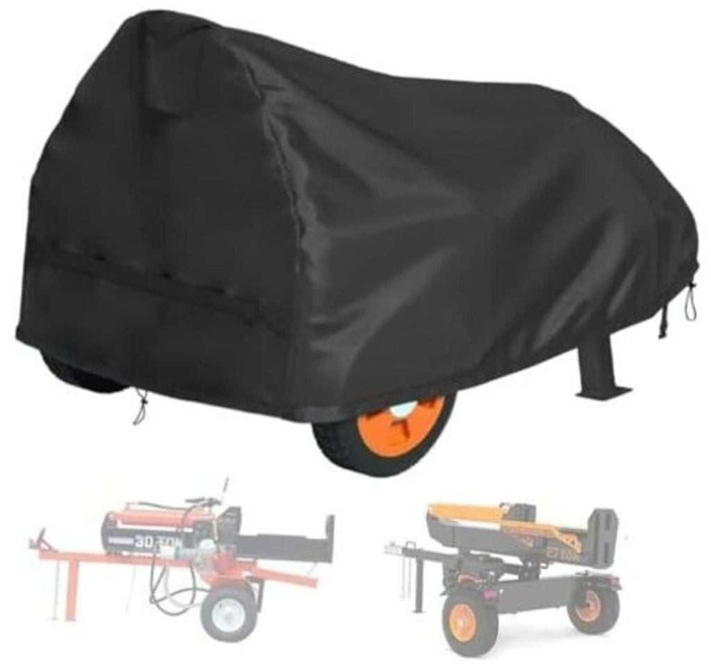 Black waterproof log splitter cover with drawstring ties and curved fitted shape