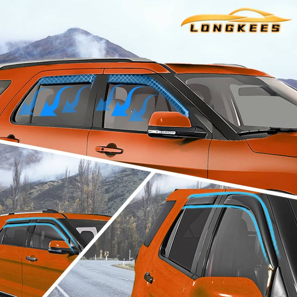 Dark smoke window rain guards installed on SUV front and side windows