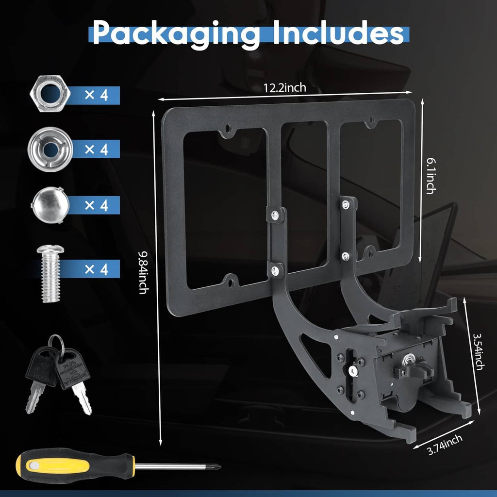 License plate mount kit components with black frame, screws, and keys