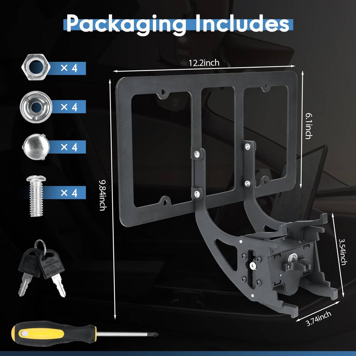 License plate mount kit components with black frame, screws, and keys