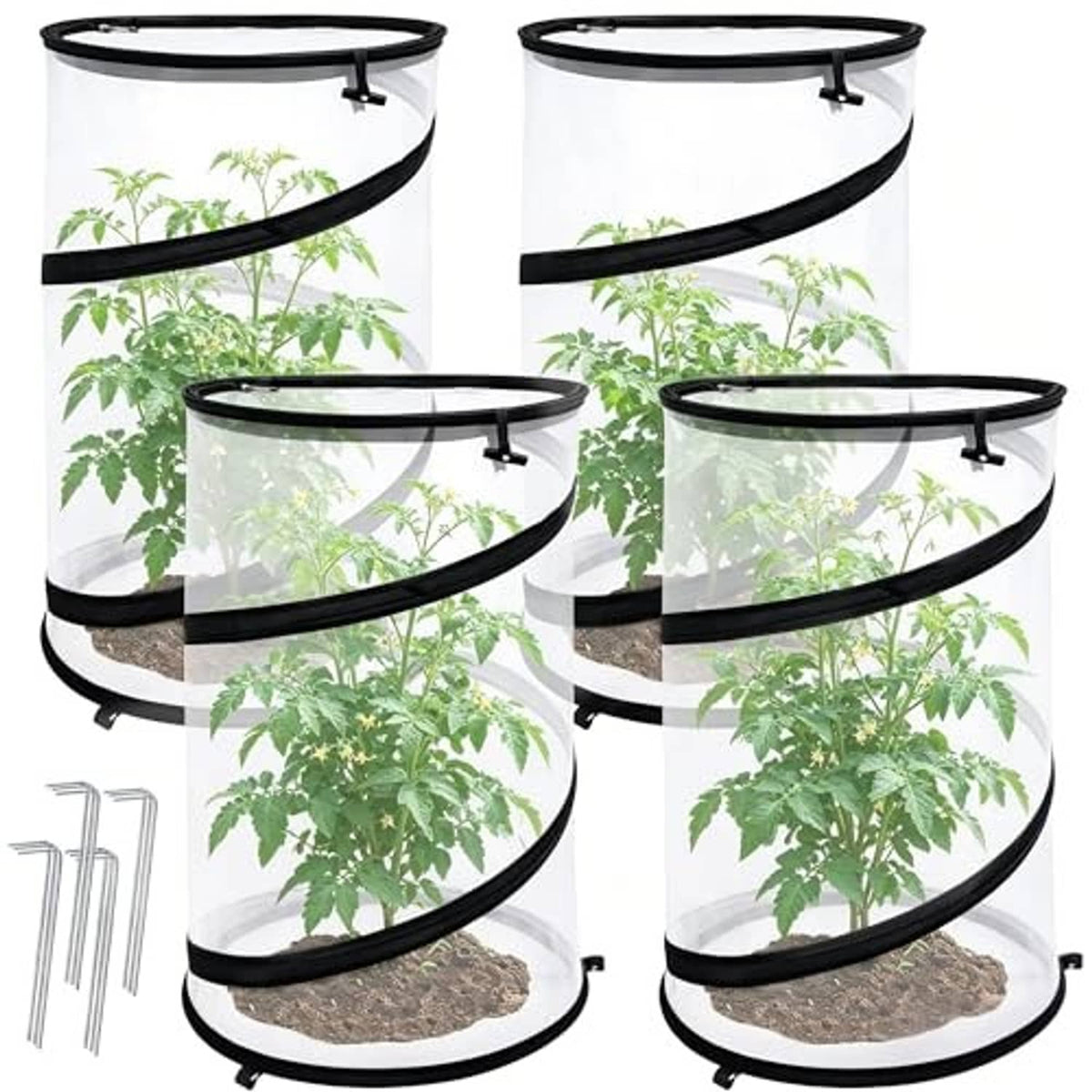 Set of round collapsible plant covers with black rim and clear mesh insect net