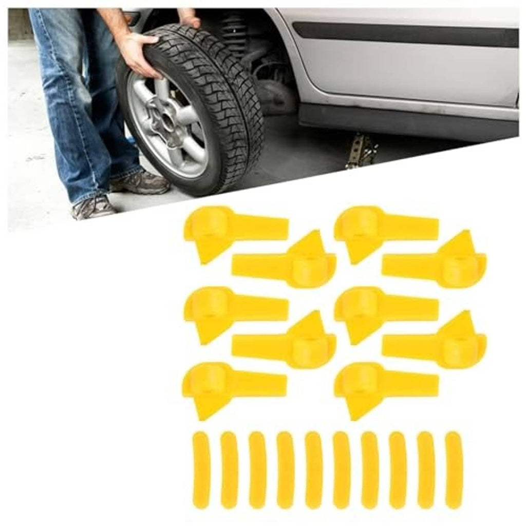 Yellow tire demount head tools set with pry bars and mounting clips, arranged on tray