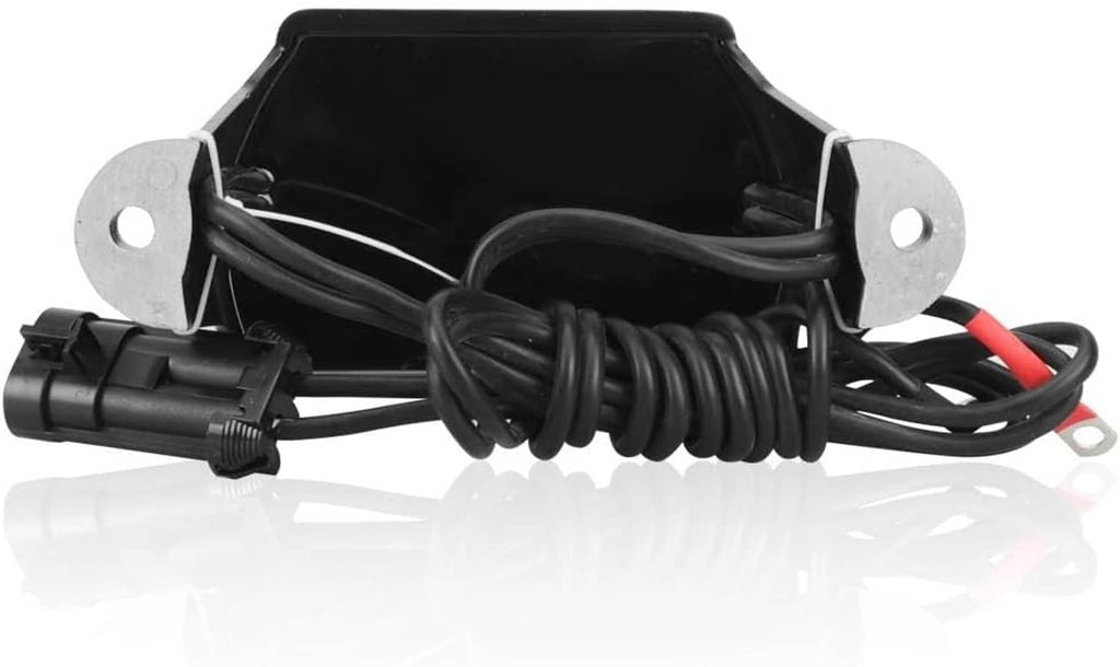 Black voltage regulator housing with mounting tabs and coiled cable wiring