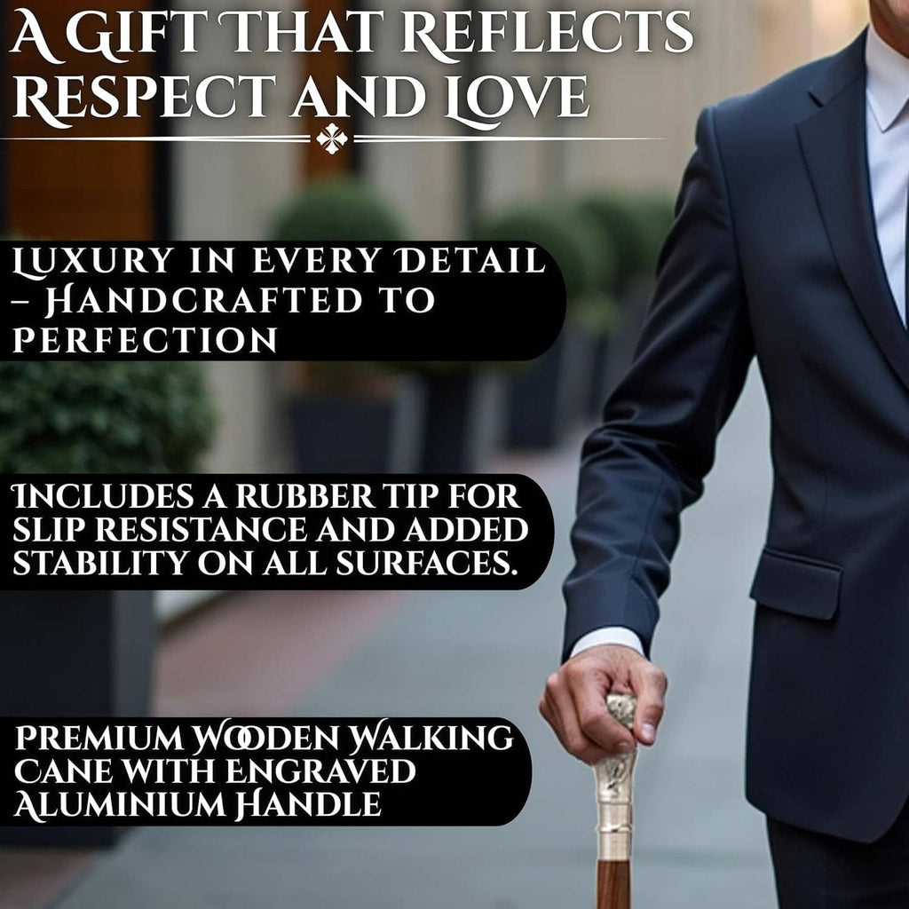 Wood walking cane with silver-toned handle and rubber tip on bottom