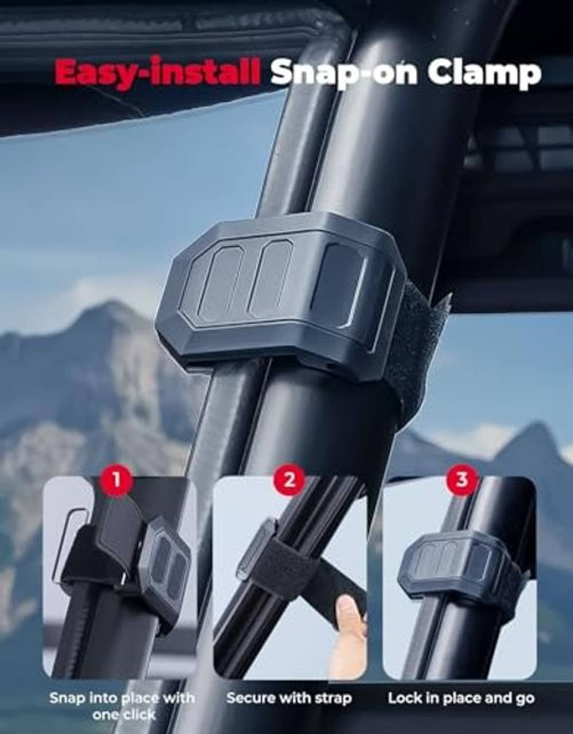 Polaris snap-on clamp brackets for front windshield installation