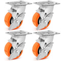 Set of 4 heavy-duty swivel casters with orange polyurethane wheels and gray steel housings