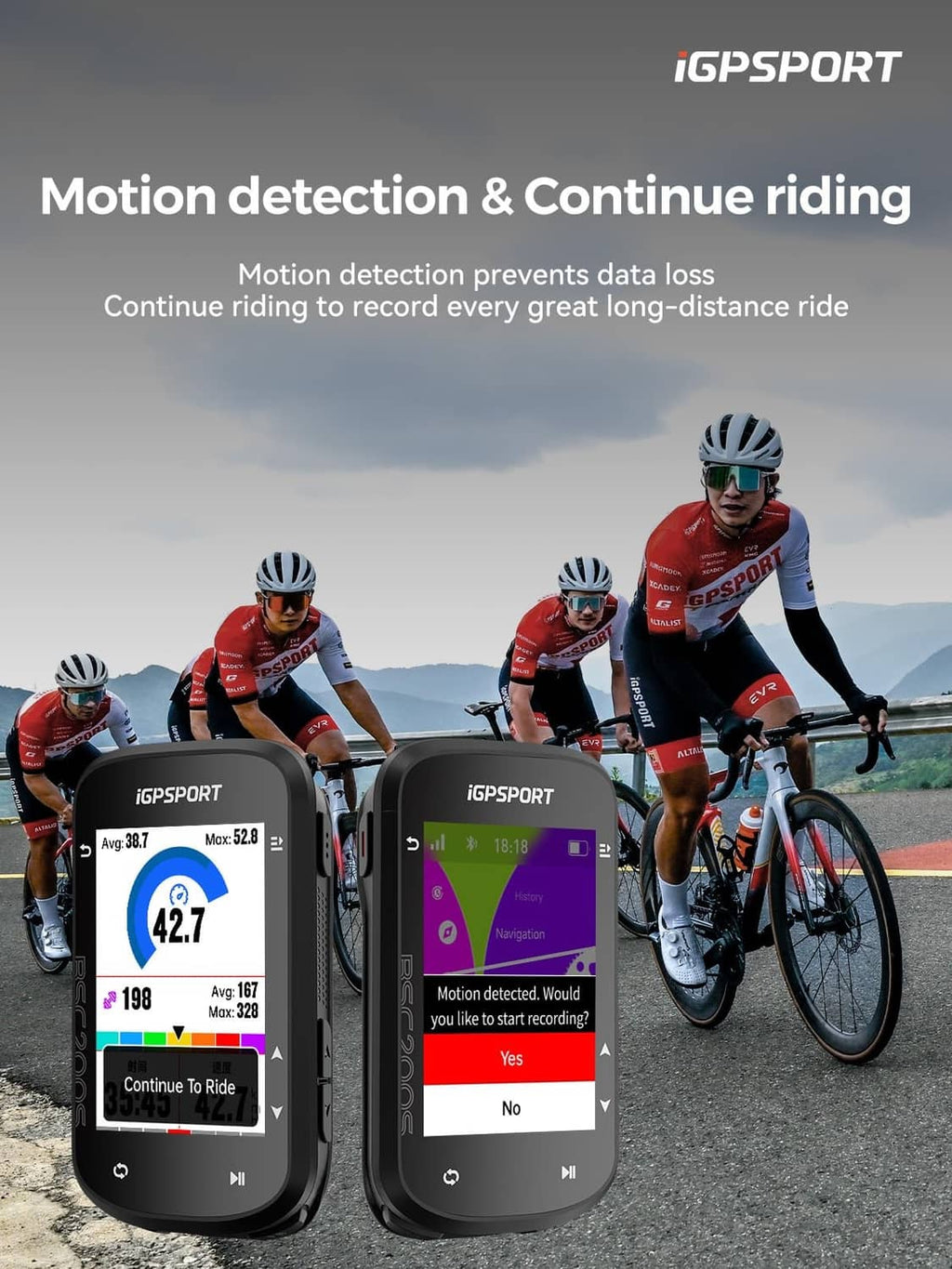 GPS bike computers showing motion-detection prompts on screens, black housings