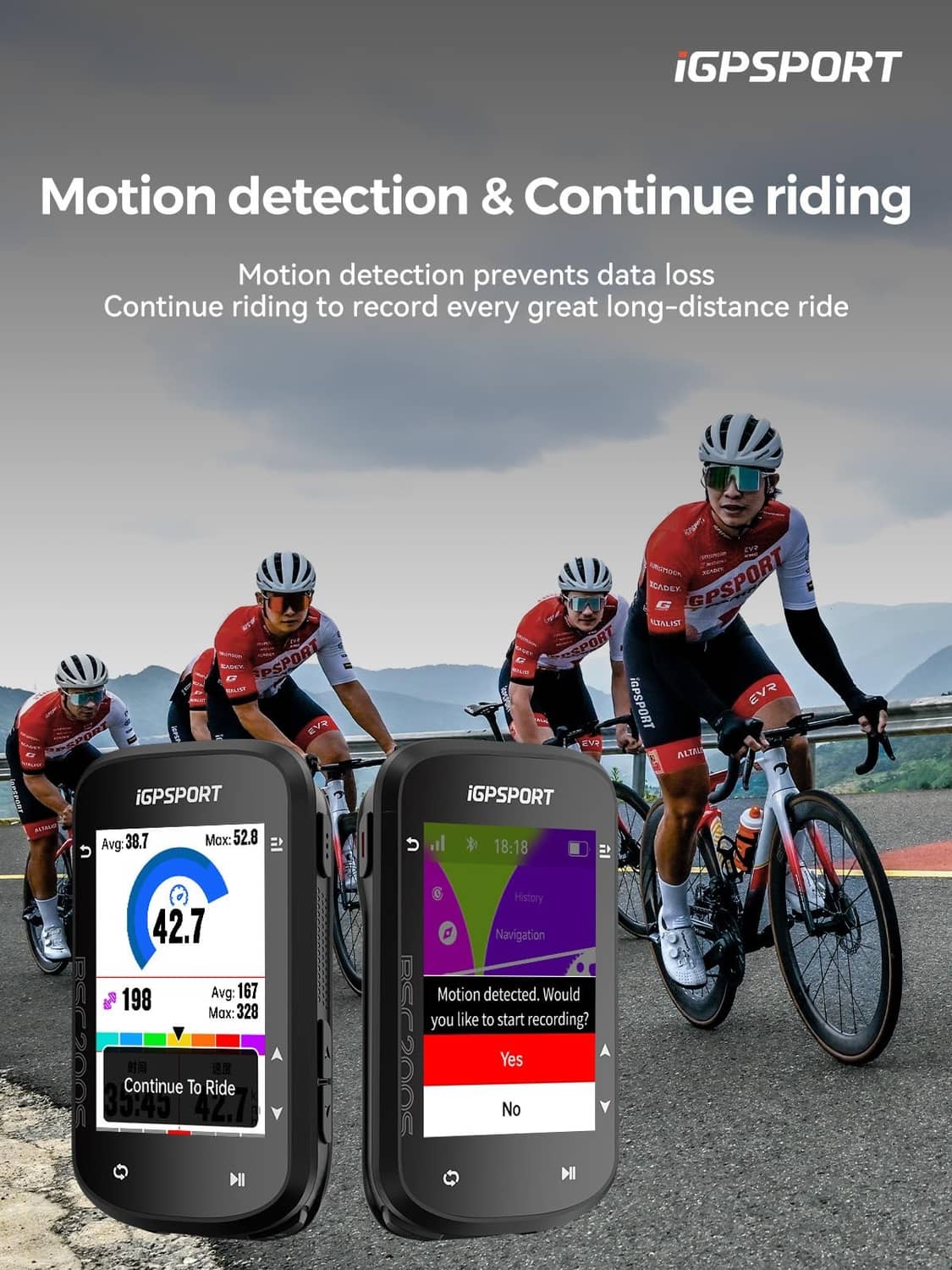 GPS bike computers showing motion-detection prompts on screens, black housings