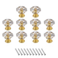 Clear crystal cabinet knobs with gold base and mounting screws, set of 10