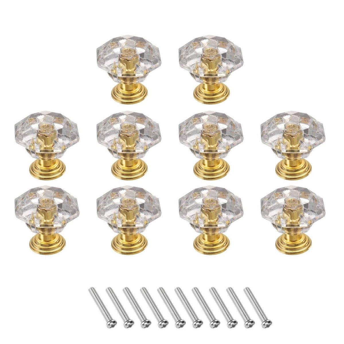 Clear crystal cabinet knobs with gold base and mounting screws, set of 10