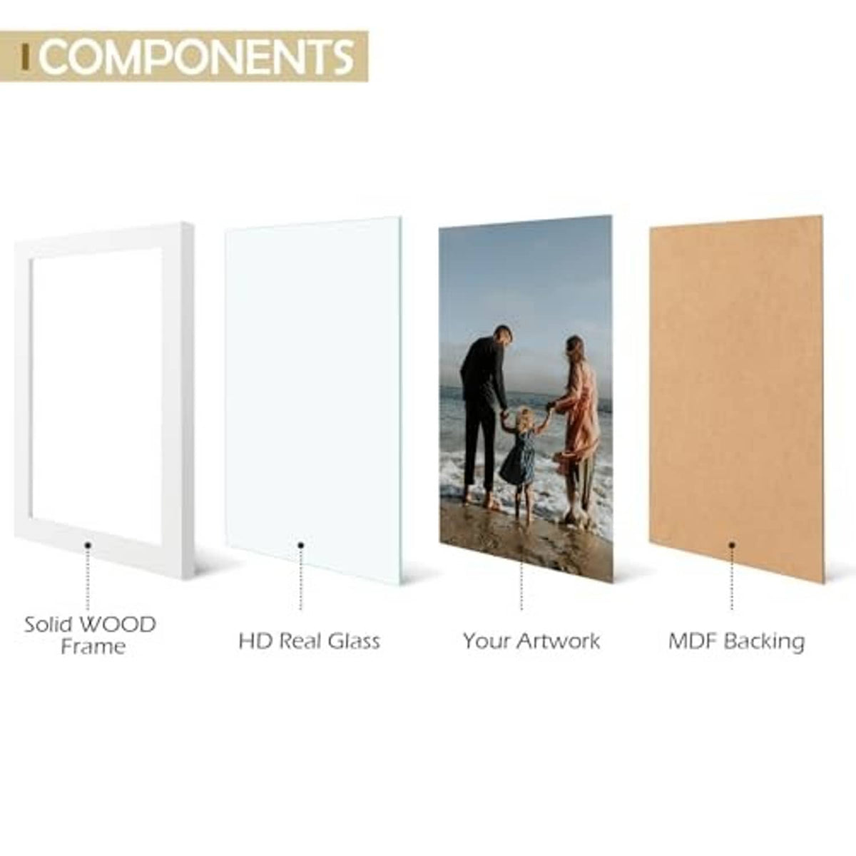 White picture frame components: solid wood frame, clear glass, and MDF backing