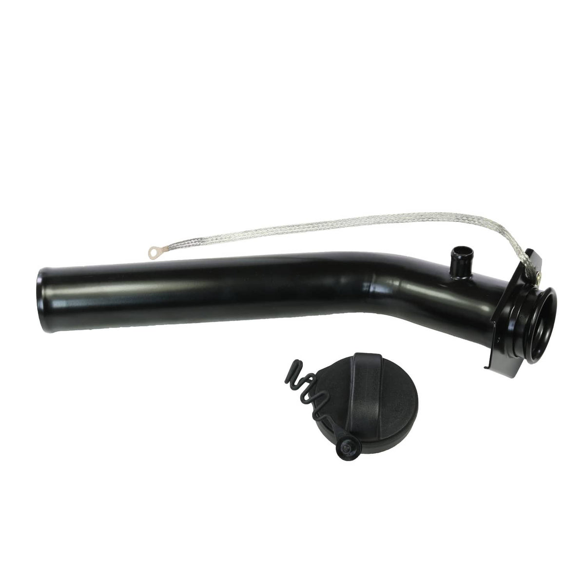 Fuel tank filler neck tube with black cap and tether cable, side view