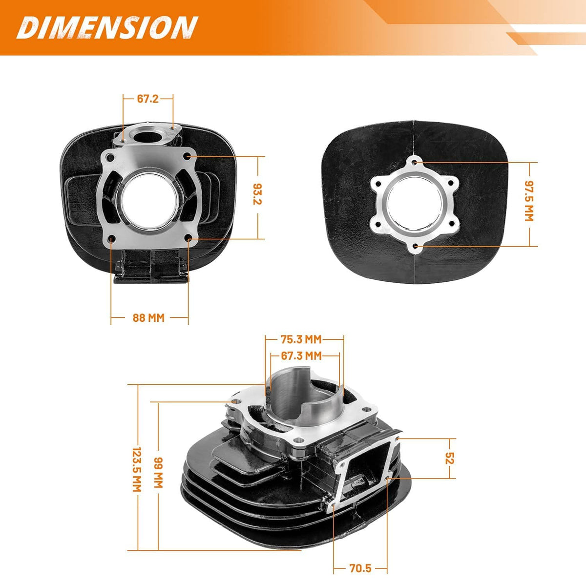 Cylinder top end kit with gasket shapes and cylinder dimensions diagram