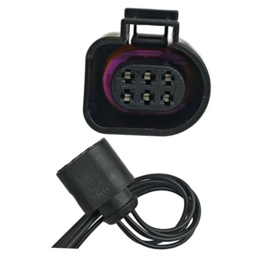 6-pin connector pigtail with black housing, purple inner seal, and bundled wire leads.