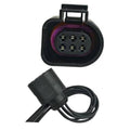 6-pin connector pigtail with black housing, purple inner seal, and bundled wire leads.