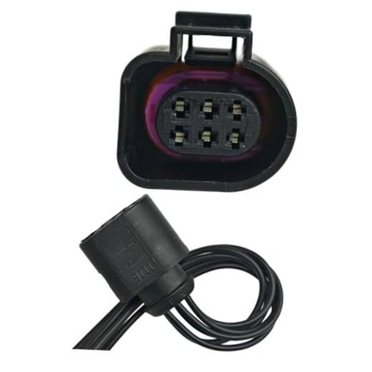 6-pin connector pigtail with black housing, purple inner seal, and bundled wire leads.