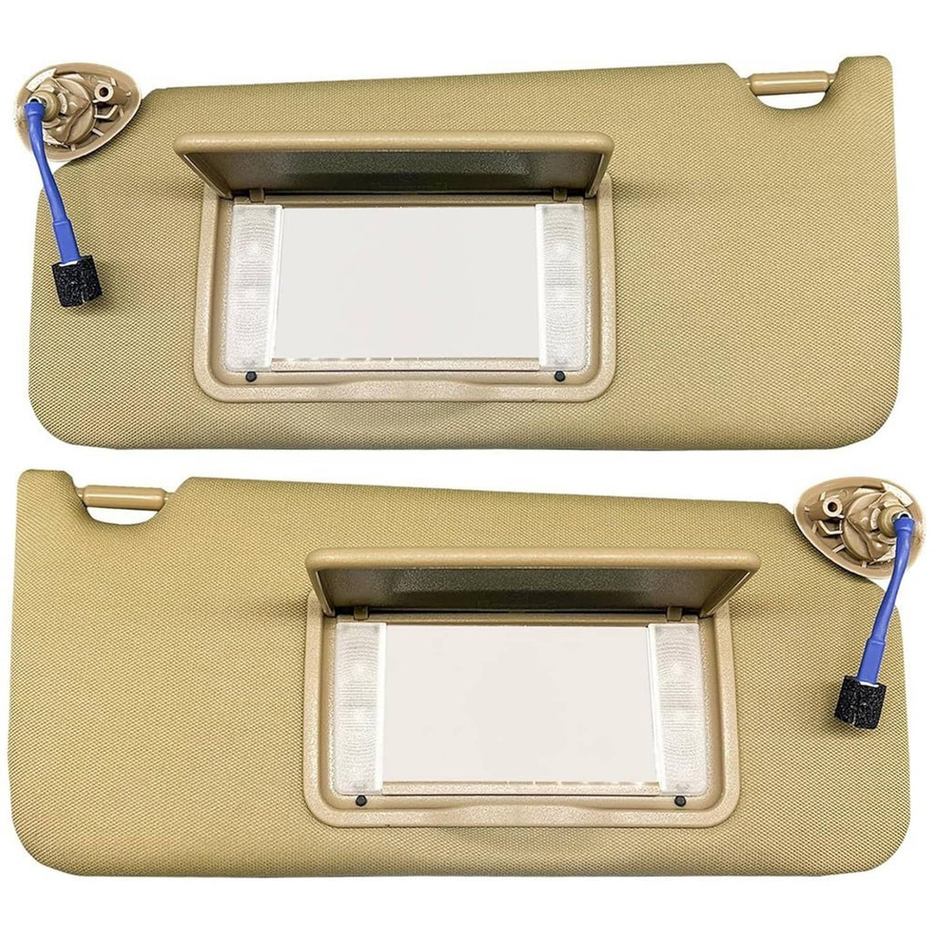 Pair of tan car sun visors with vanity mirrors and light, blue cord visible