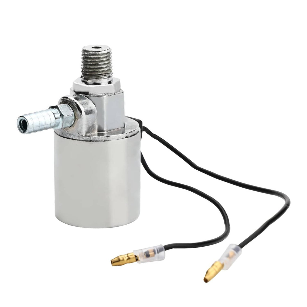 Air horn solenoid valve with chrome metal body and black wire leads