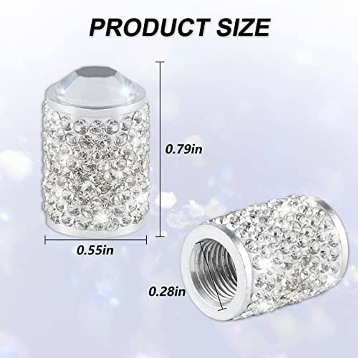 Crystal rhinestone tire valve cap set, cylindrical clear gem body with inner screw thread