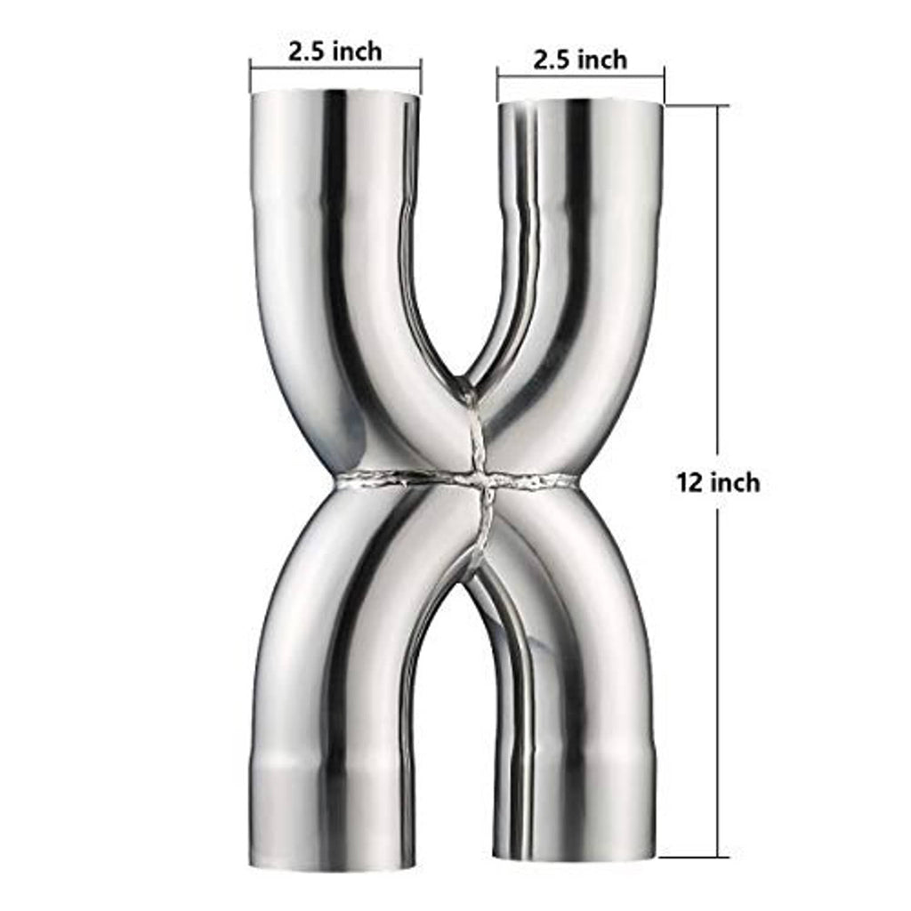 Stainless 2.5 in X crossover pipe diagram, 12 in length, U-shaped outlets