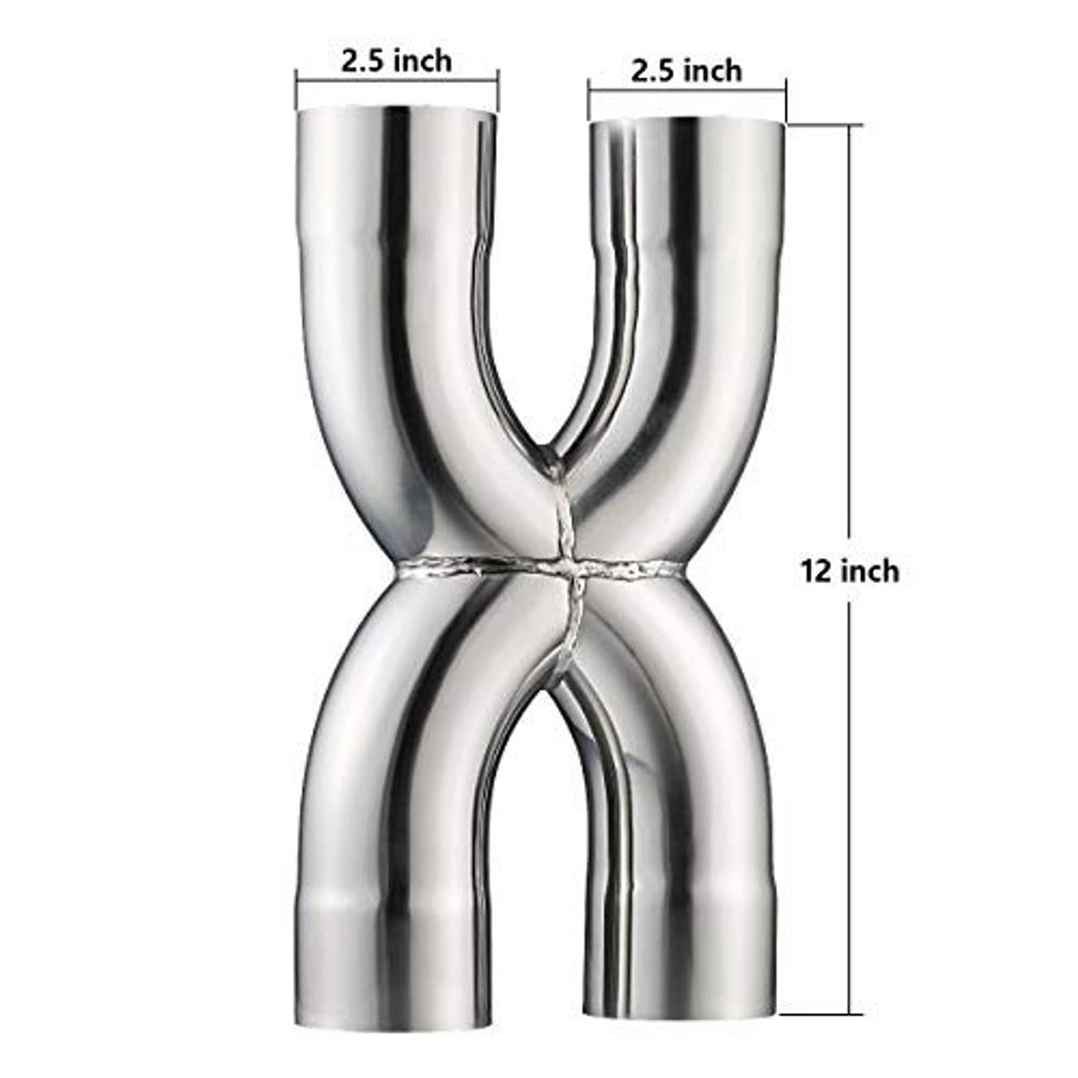 Stainless 2.5 in X crossover pipe diagram, 12 in length, U-shaped outlets