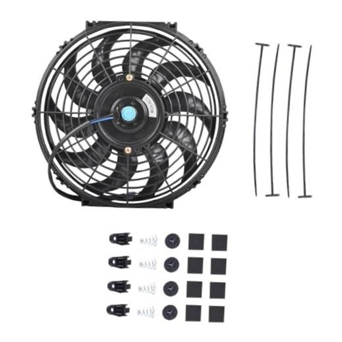 12-inch electric radiator cooling fan assembly kit with black fan and mounting hardware
