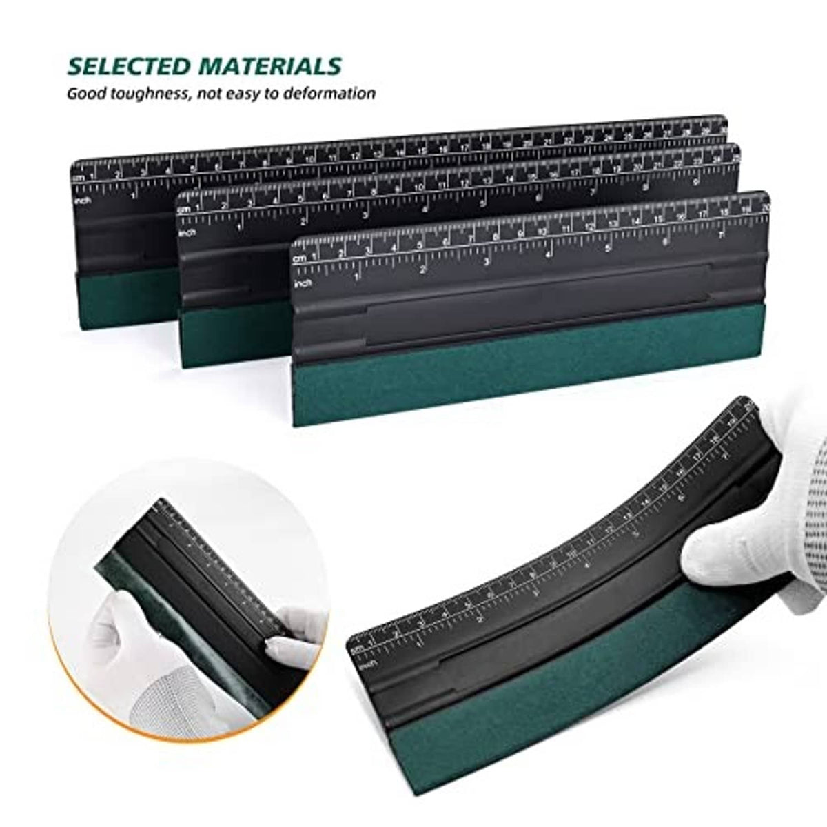 3-piece window tint squeegee set with black blades, teal felt edges, and measurement scales