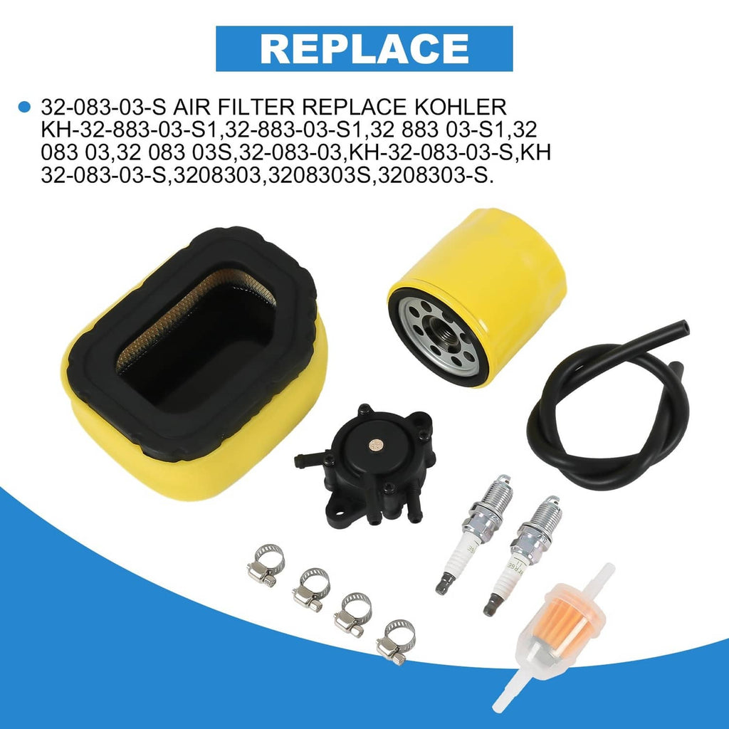 Lawn mower air filter kit components: yellow filter, black housing, valve, hose, spark plugs