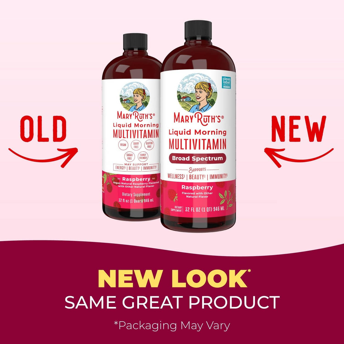 MARYRUTH'S liquid multivitamin bottles marked old and new look, same product