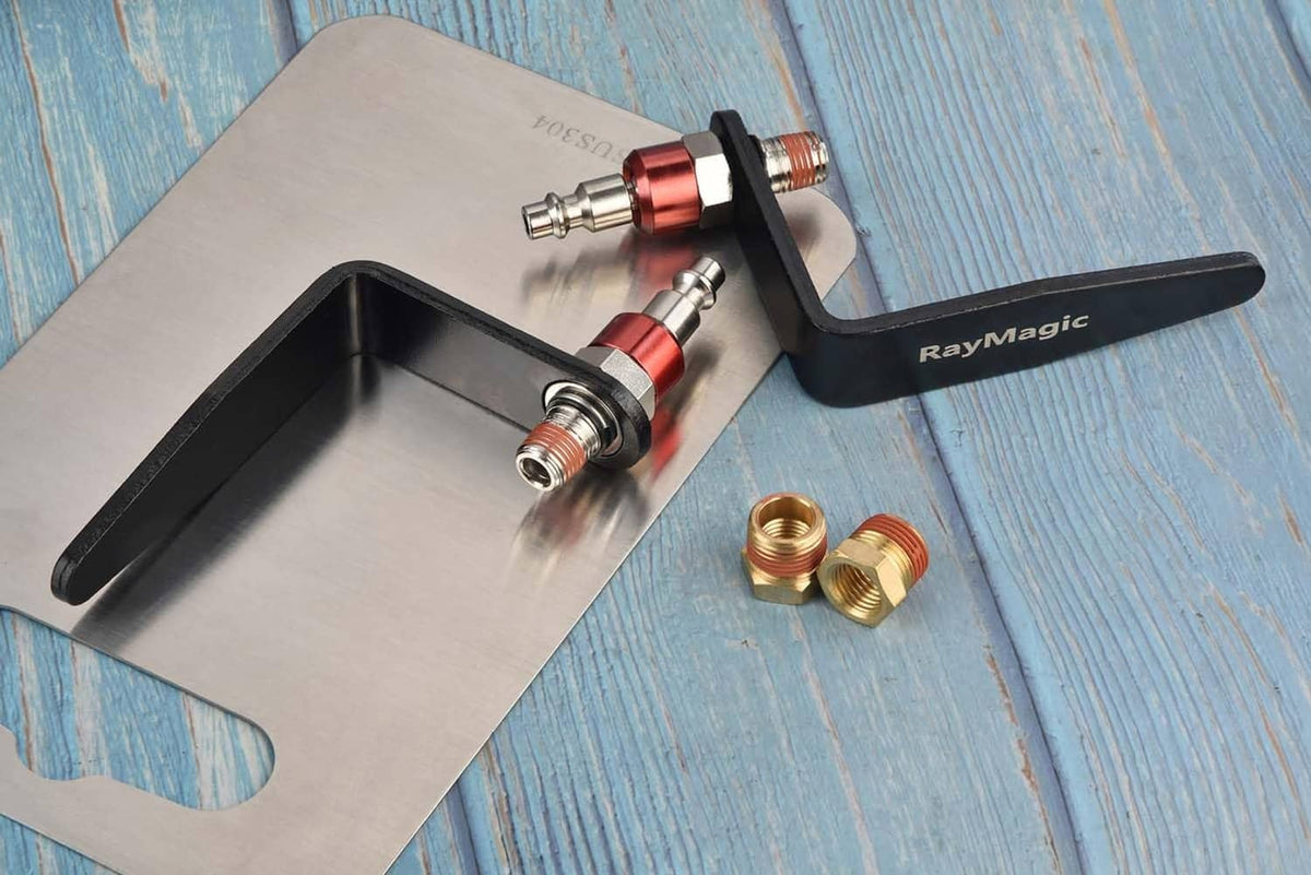 Steel rafter hook hanger on a metal base with black handle, red accents, and brass parts