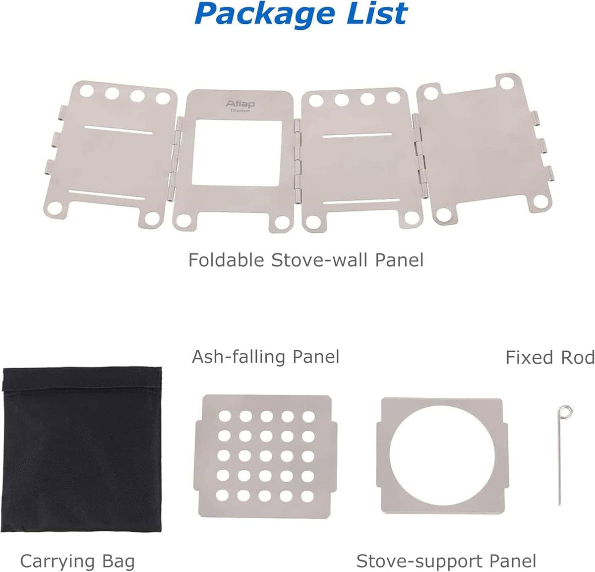 Titanium stove kit with foldable panels and carrying bag, accessory pieces shown