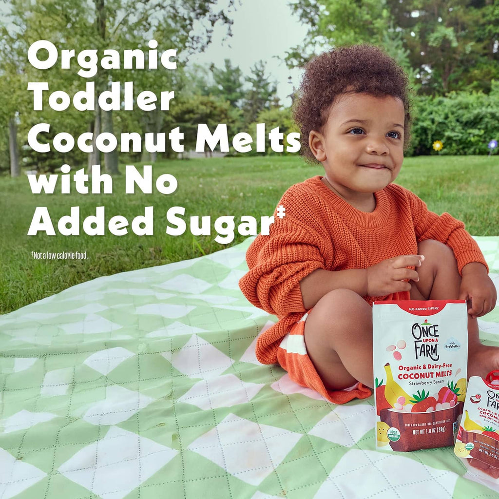 Toddler organic coconut melts pouch with no added sugar, probiotic strawberry banana flavor