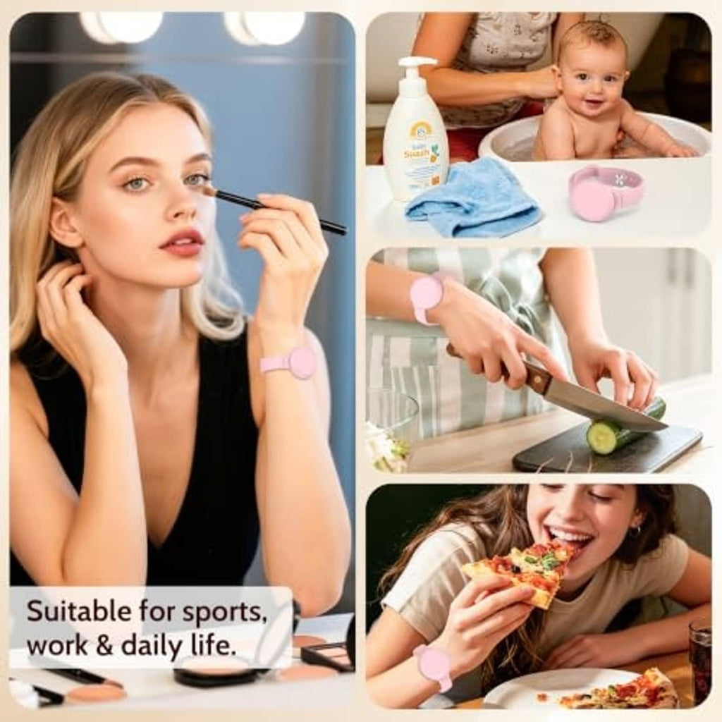 Pink silicone ring wristband on a wrist during daily activities, with strap holes and clasp