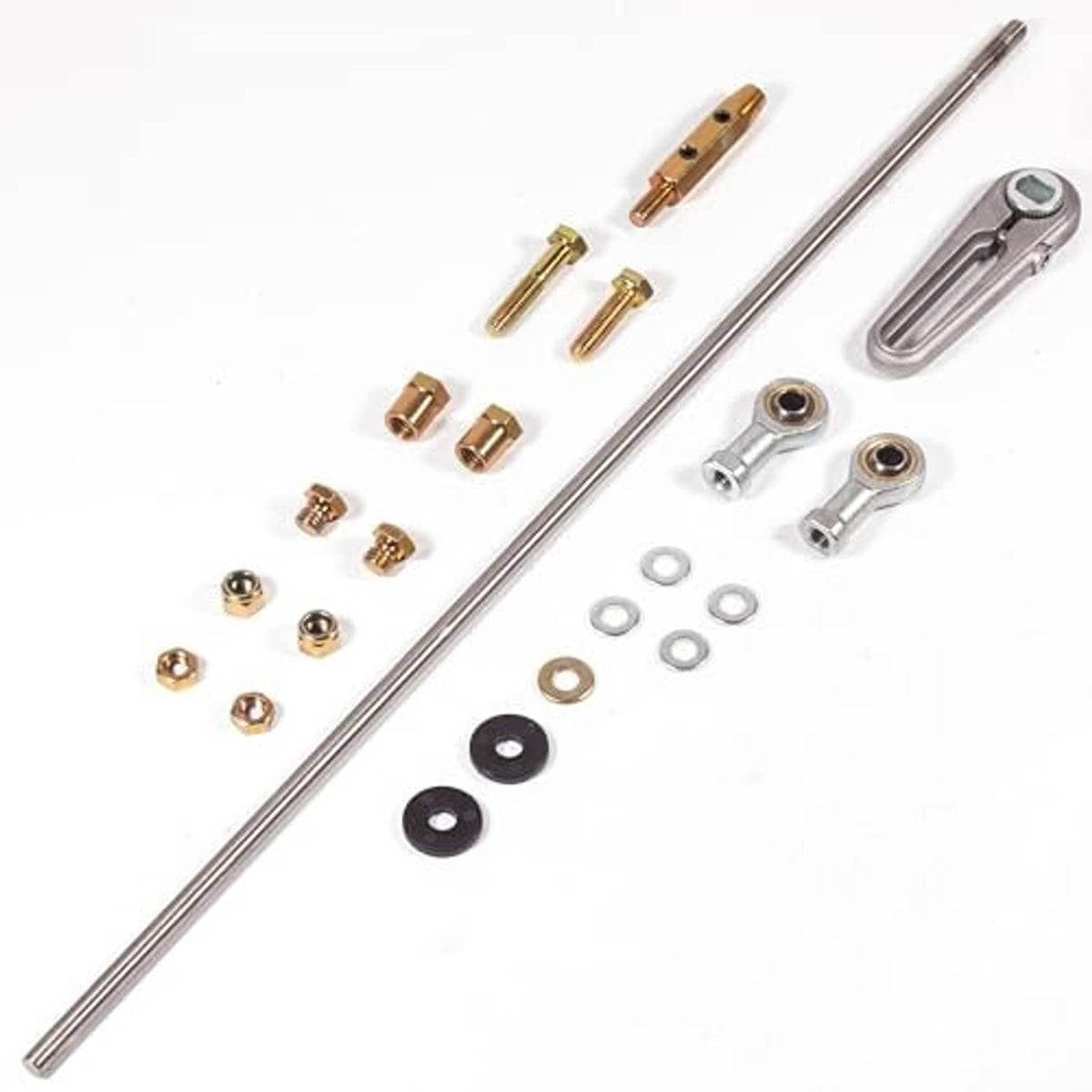 Transmission shift linkage kit in parts: long rod, fork, bolts, washers, and bushings