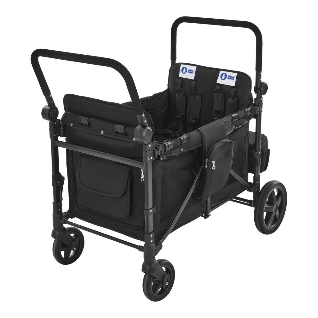 Black 4-seat wagon stroller with canopy, side pocket compartments, and push handle